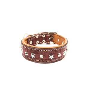 Comfort Lederen halsband met doodskoppen - Bruin